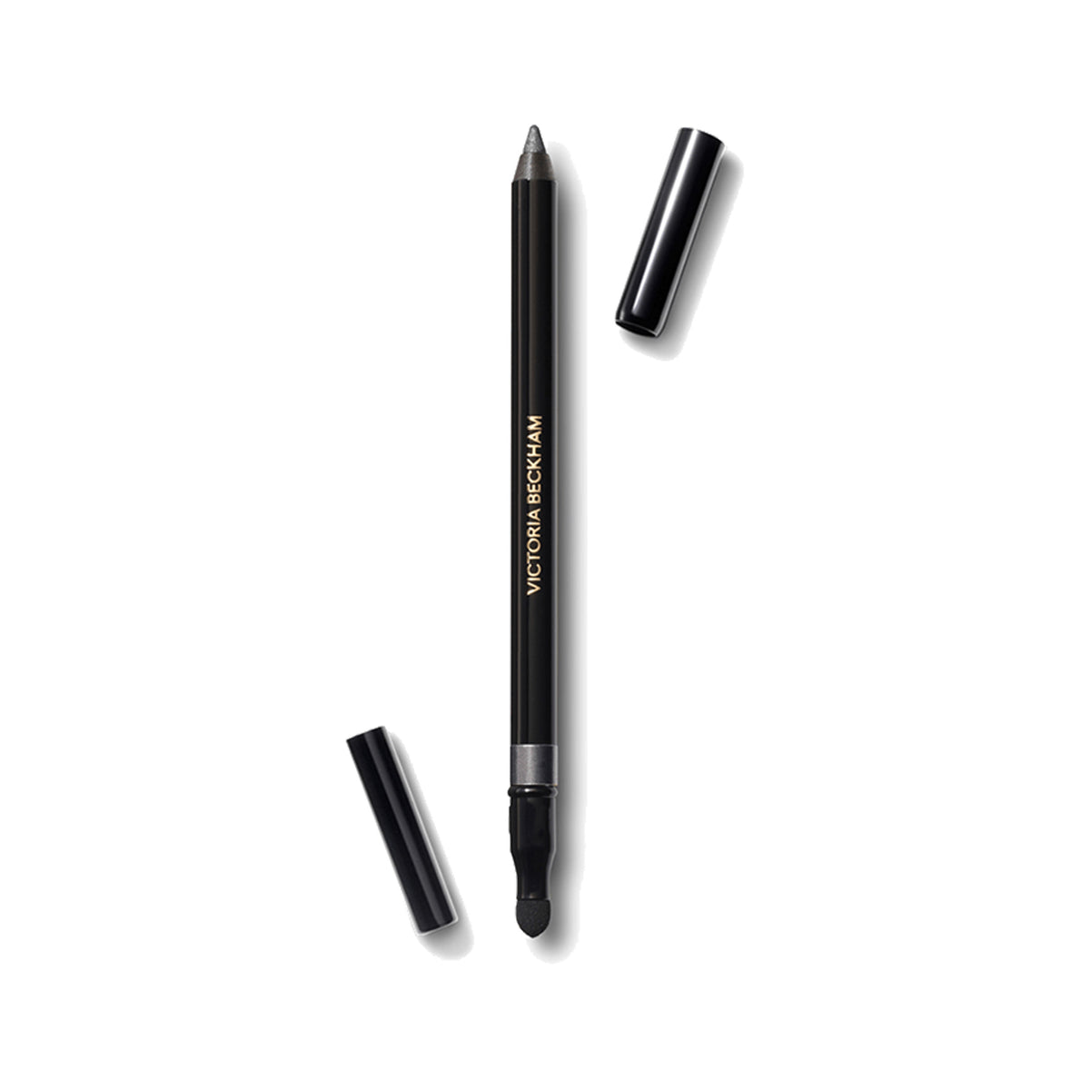 Victoria Beckham Beauty Satin Kajal Liner in Sea Grey, with cap off, showing the eyepencil and the smudger on a white background.