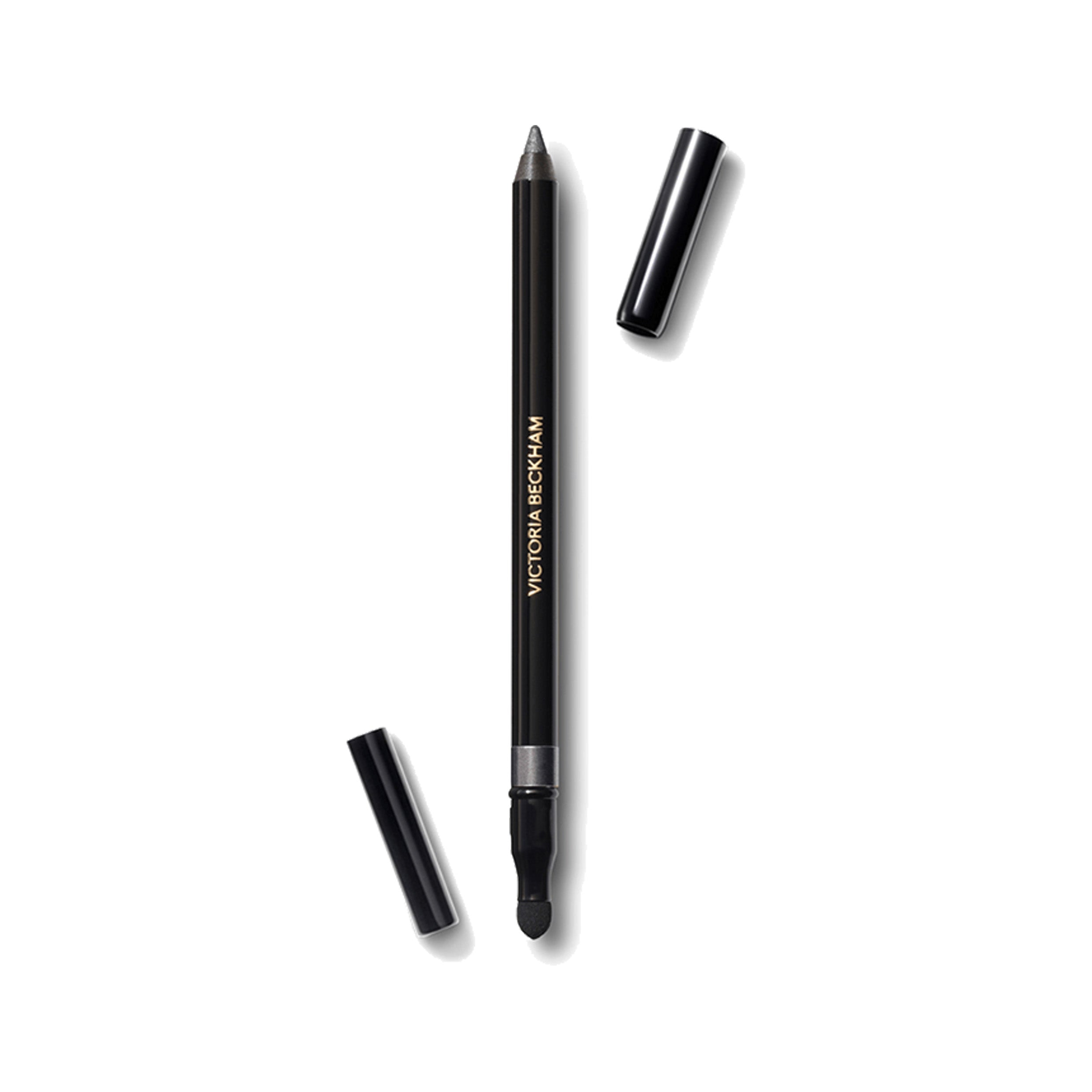 Victoria Beckham Beauty Satin Kajal Liner in Sea Grey, with cap off, showing the eyepencil and the smudger on a white background.