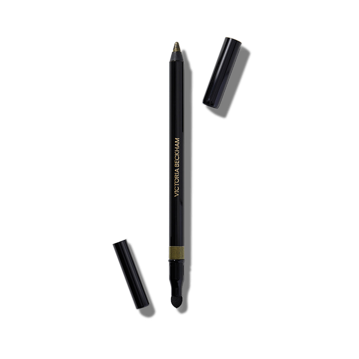 A Victoria Beckham Beauty Satin Kajal Jewel Liner in Sequin Green color, with the cap off, showing the khaki green with golden sparkle hue.