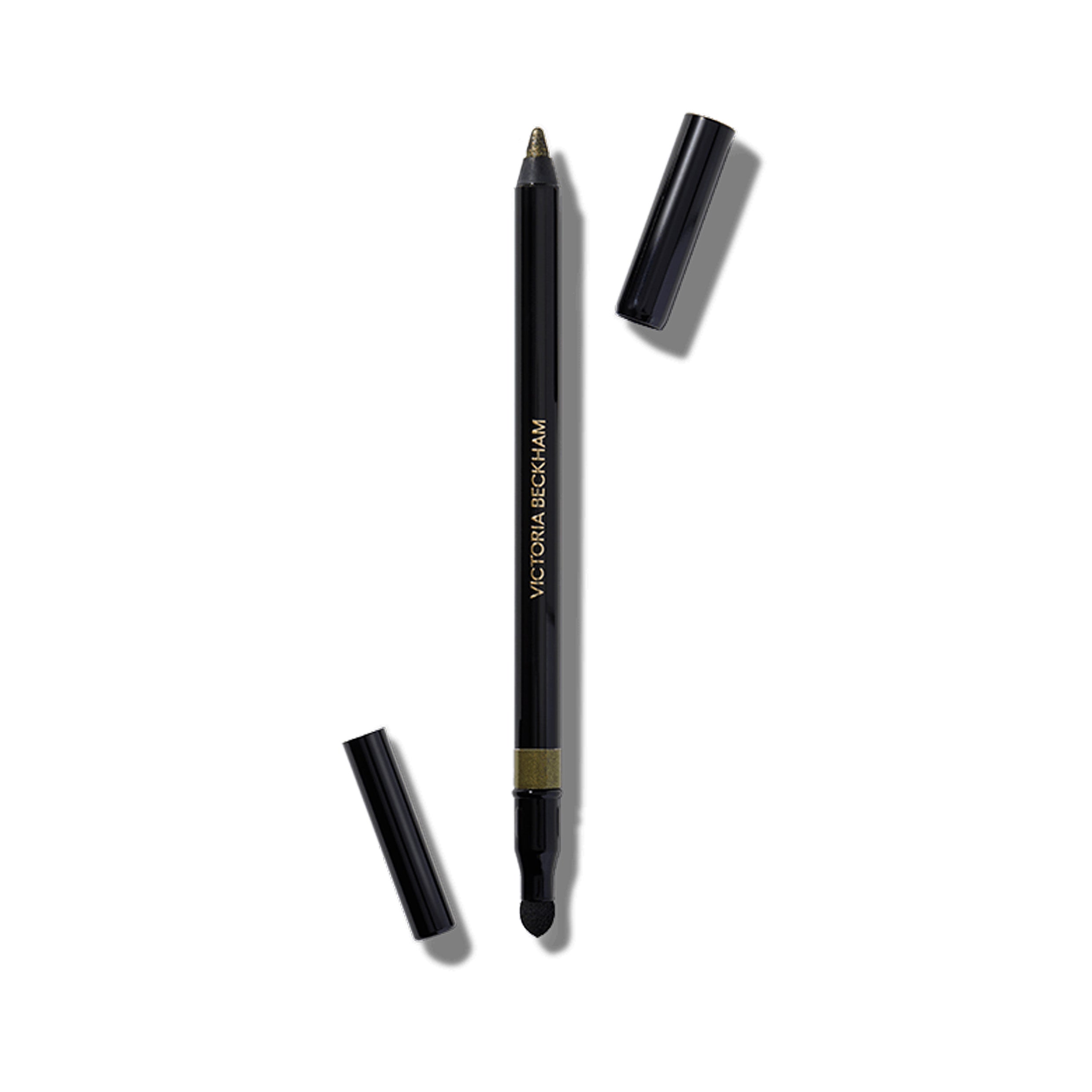 A Victoria Beckham Beauty Satin Kajal Jewel Liner in Sequin Green color, with the cap off, showing the khaki green with golden sparkle hue.