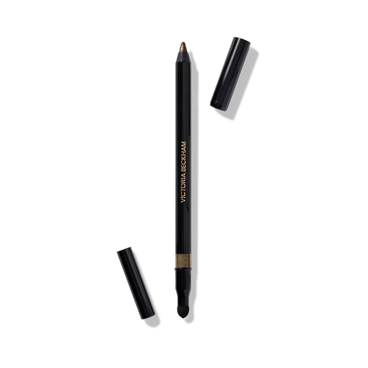 Victoria Beckham Beauty Satin Kajal Liner in Smoky Quartz color, with the cap off, showing the eye liner pencil and the smudger brush.