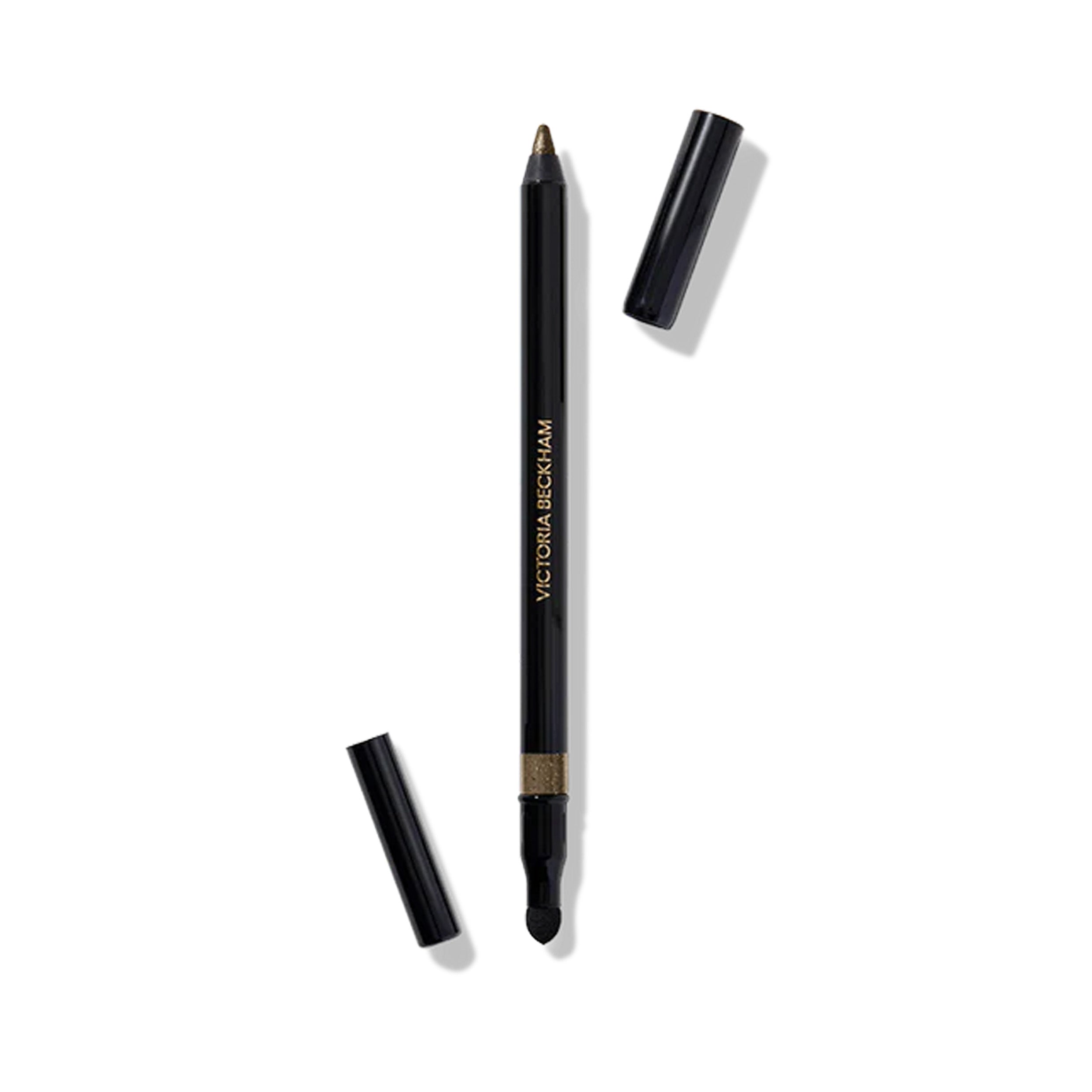Victoria Beckham Beauty Satin Kajal Liner in Smoky Quartz color, with the cap off, showing the eye liner pencil and the smudger brush.