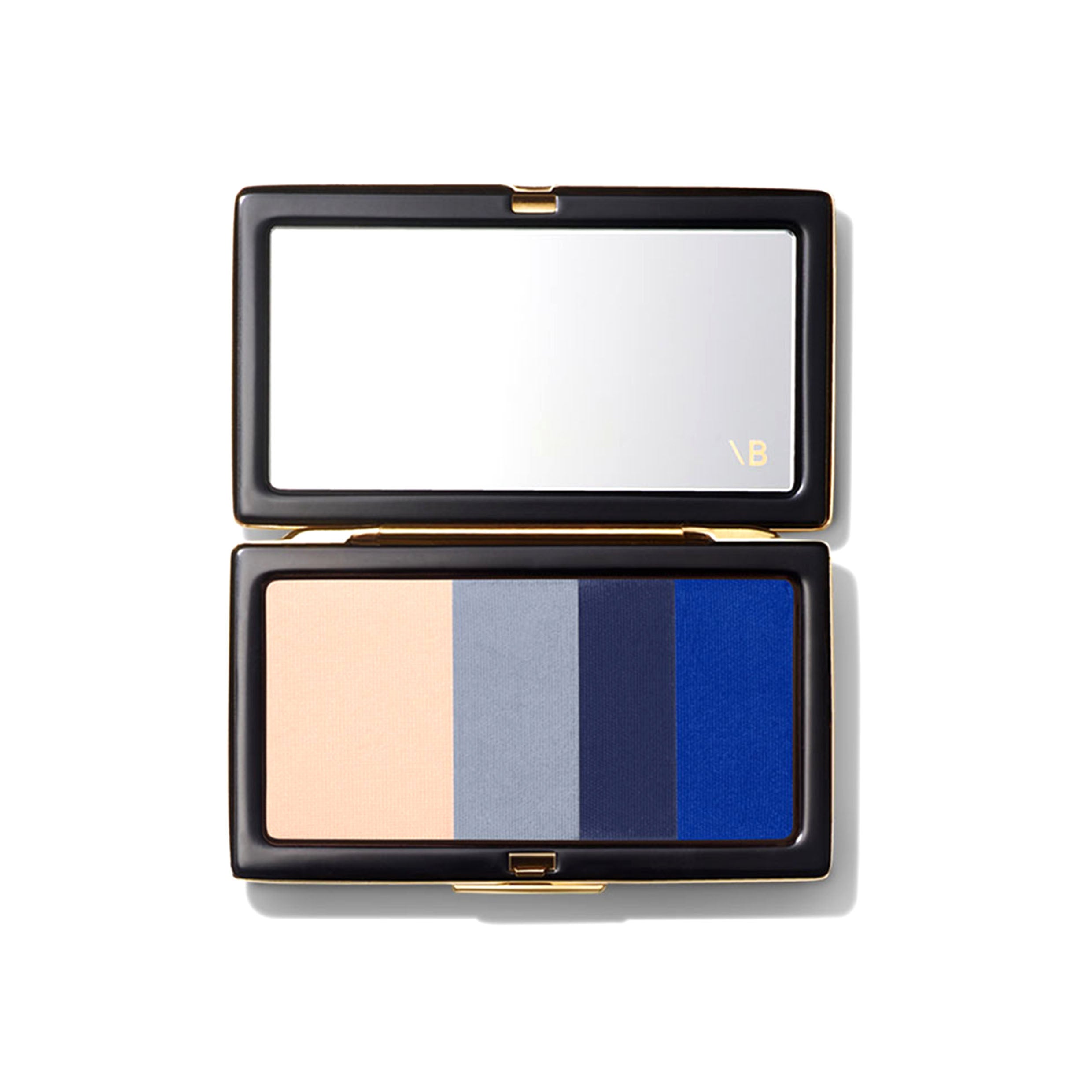 A compact eye shadow palette with a range of shades from light beige to dark navy, arranged in a smooth matte finish row and a satin finish row, with a mirror on the top.