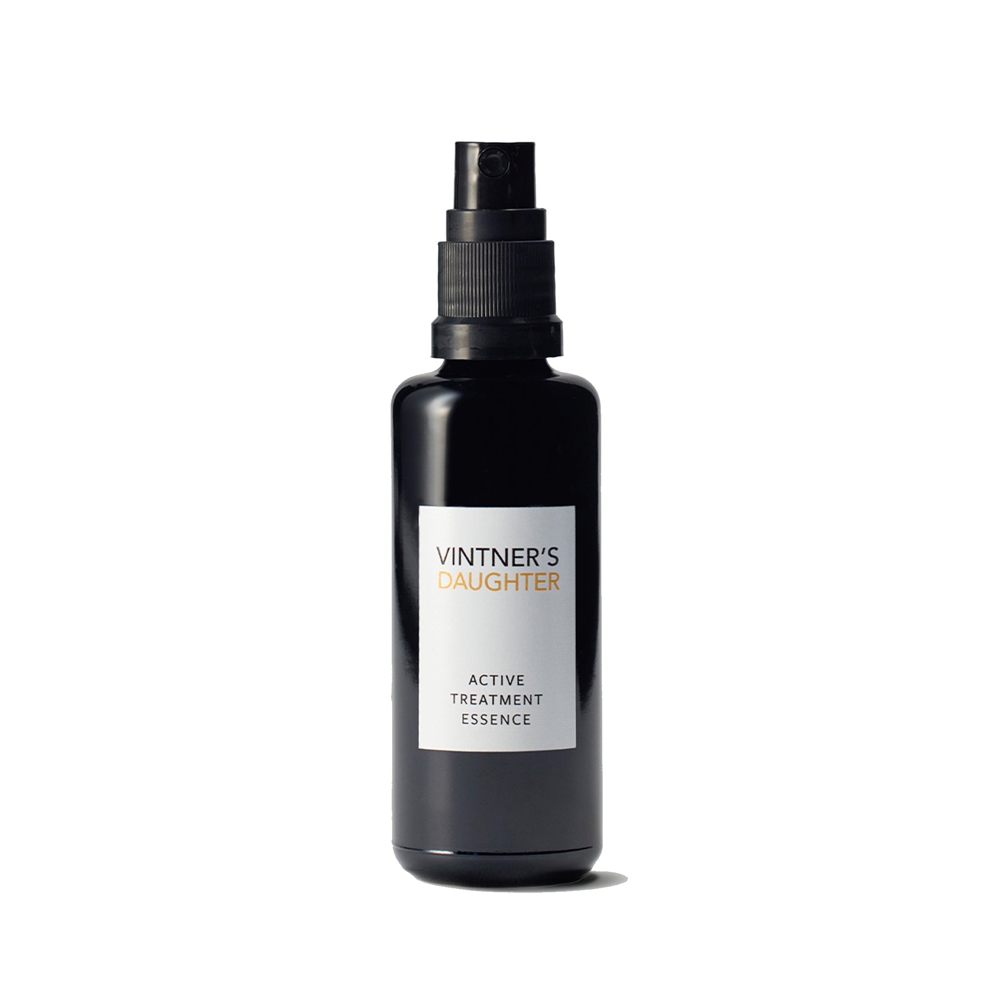 Black bottle of 'Vintner's Daughter' Active Treatment Essence on a white background