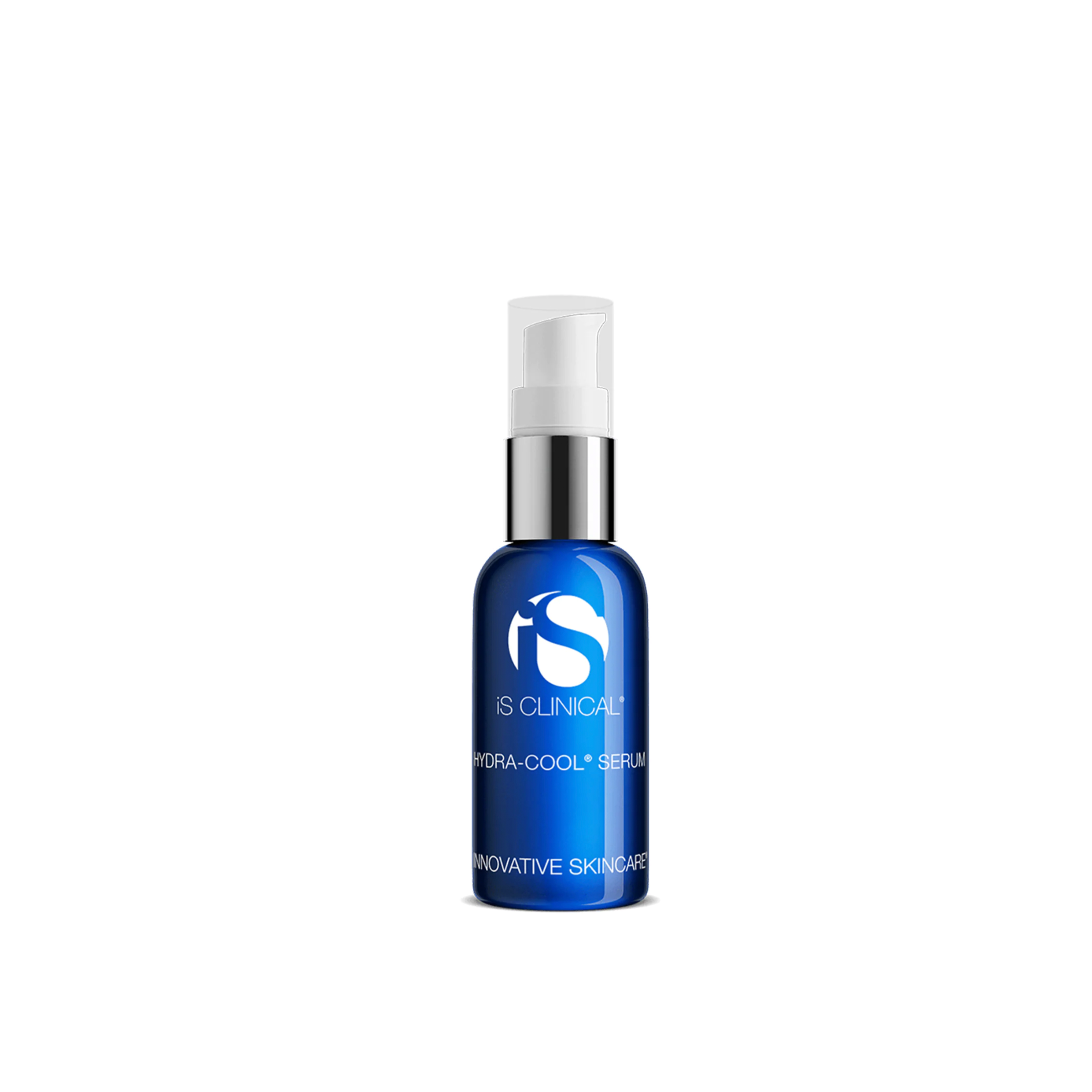 Blue serum bottle with white cap on a white background