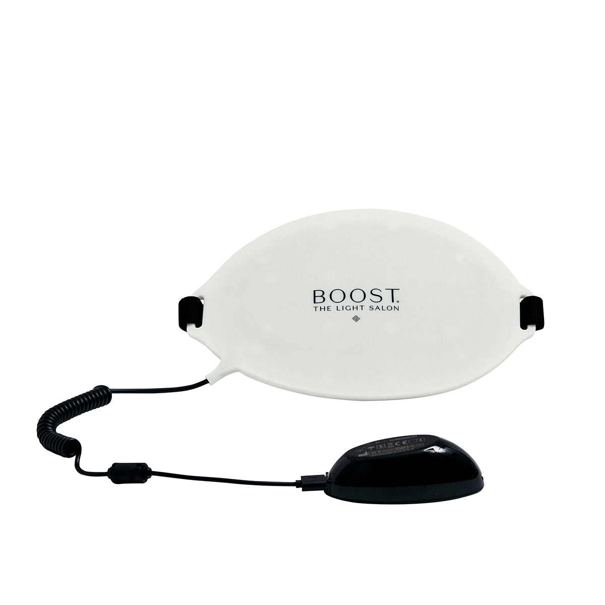 A portable LED mask with a white circular patch and a black cord, labeled 'BOOST THE LIGHT SALON'.