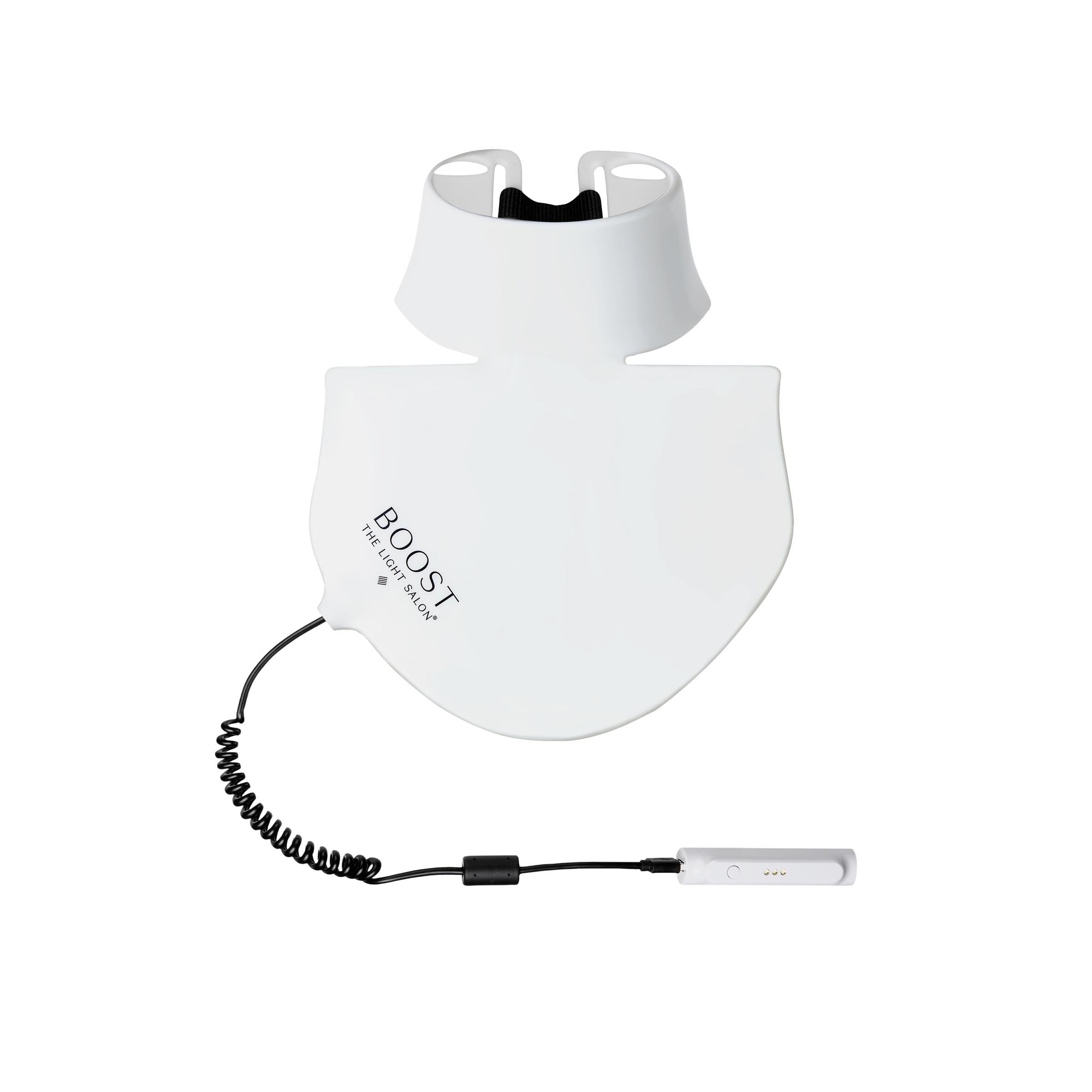 A white LED decolletage bib with a power cord and USB charging port, designed for neck and decollete skin care.