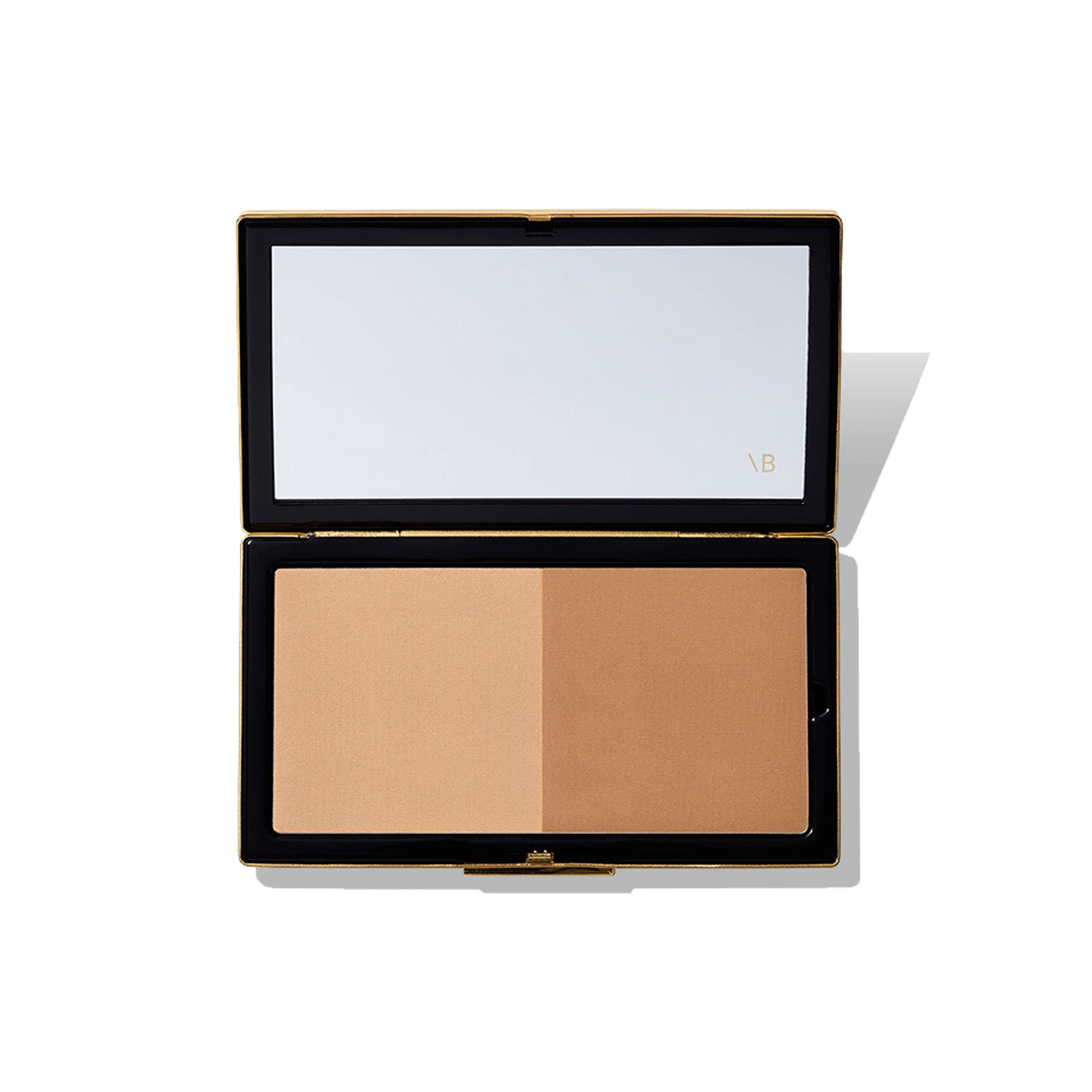 Victoria Beckham Beauty Matte Bronzing Brick with two shades of bronzing powder for fair to light skin tones, displayed in a compact case with a mirror.
