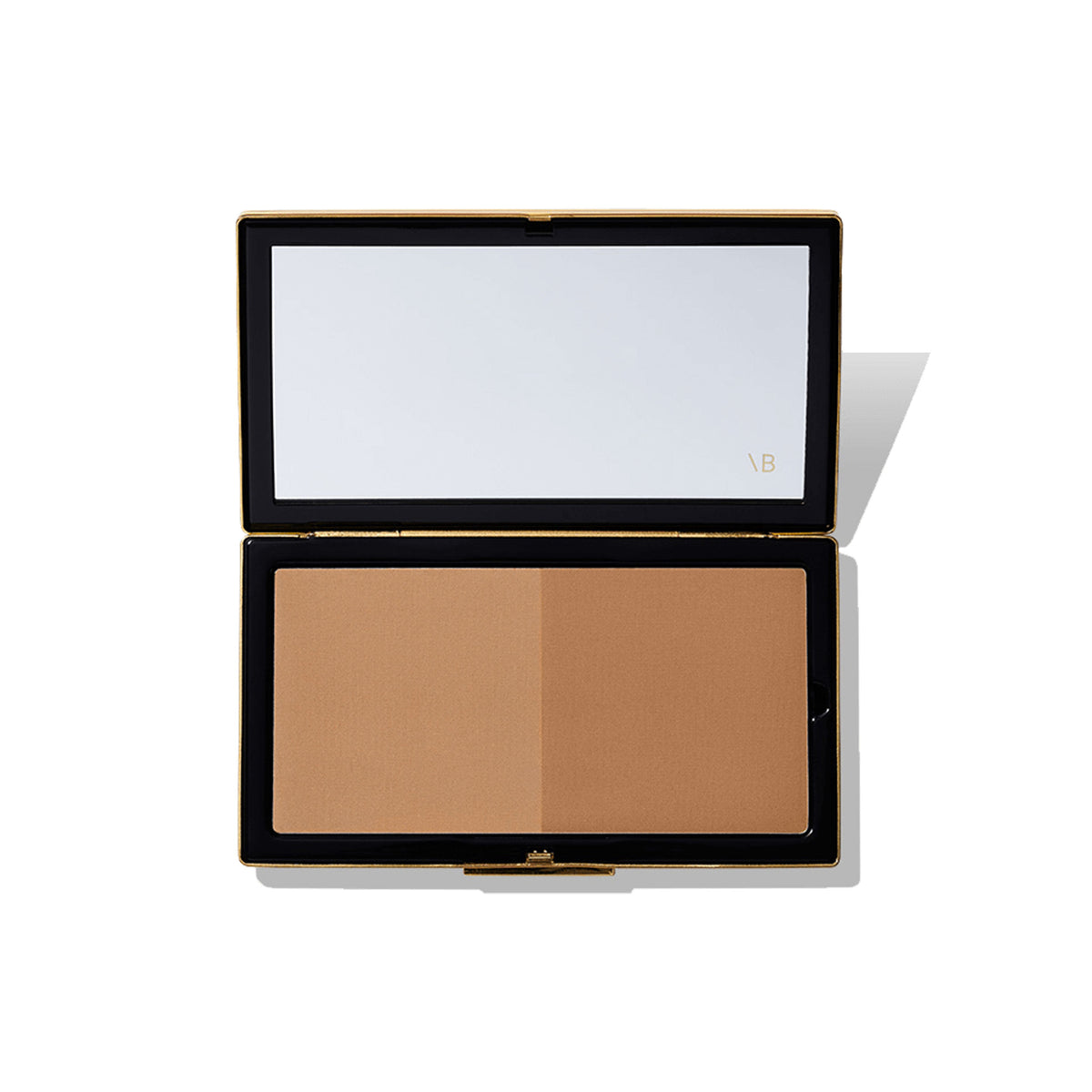 Open bronzing powder compact with two shades of bronzer, displayed on a white background.