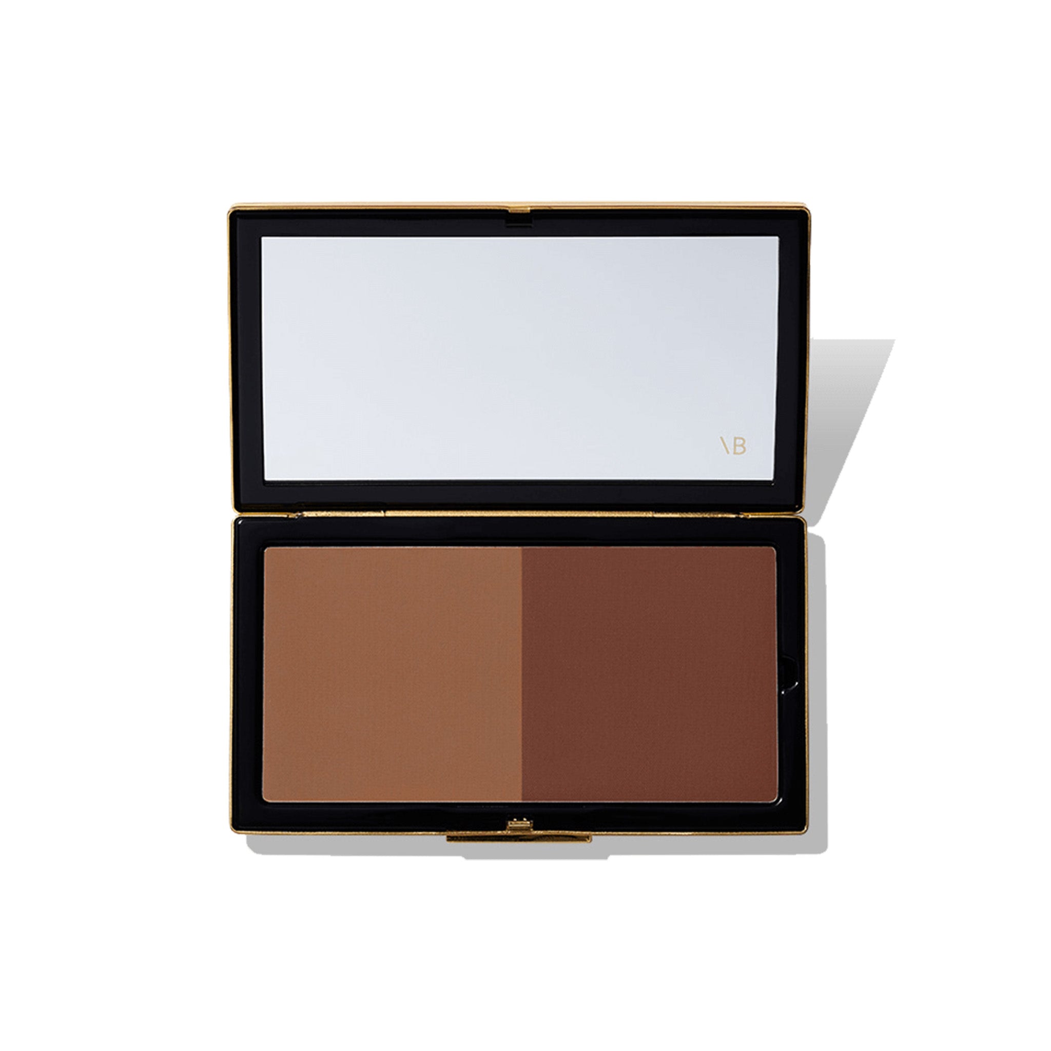 Victoria Beckham Beauty Matte Bronzing Brick, with two shades of bronzing powder, open in a black compact case with a mirror.