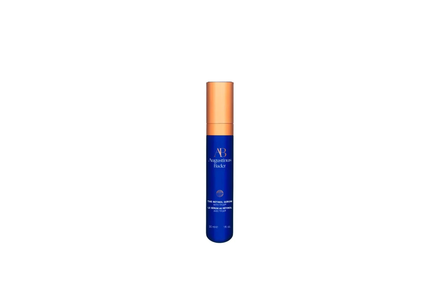 Augustinus Bader The Retinol Serum in a blue bottle with a copper cap